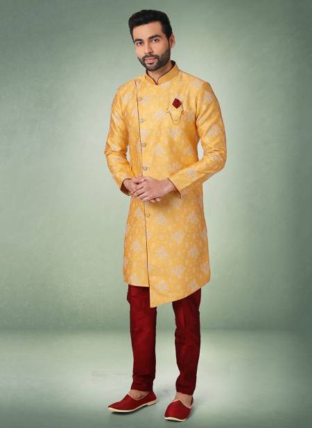 Yellow Colour New Exclusive Wedding Wear Jacquard Banarasi Brocade Indo Western Mens Collection 1087